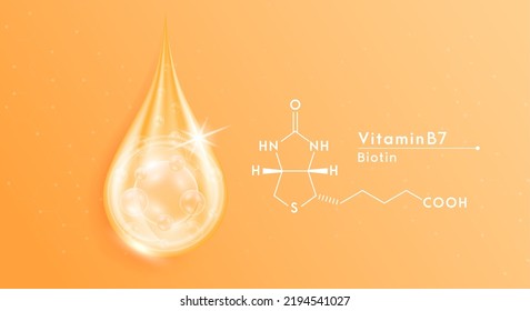 Serum drop water vitamin B7 orange and structure. Vitamins complex with collagen oxygen bubbles. Design template skin care cosmetics solution. Beauty medical concepts. 3D Realistic Vector EPS10.