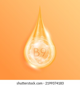Agua de gota sérica vitamina B9 naranja. Líquido mineral complejo de vitaminas con burbujas de oxígeno de colágeno. Diseño de soluciones de cosméticos de belleza para cuidado de la piel. Conceptos médicos. EPS10 de vectores realistas 3D.