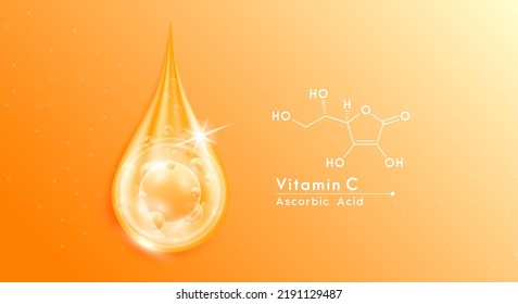 Serum drop water vitamin C orange and structure. Vitamins complex with collagen oxygen bubbles. Banner design template skin care cosmetics solution. Beauty medical concepts. 3D Realistic Vector EPS10.