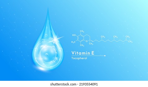 Serum drop water vitamin E blue and structure. Vitamins complex with collagen oxygen bubbles. Banner design template skin care cosmetics solution. Beauty medical concepts. 3D Realistic Vector EPS10.