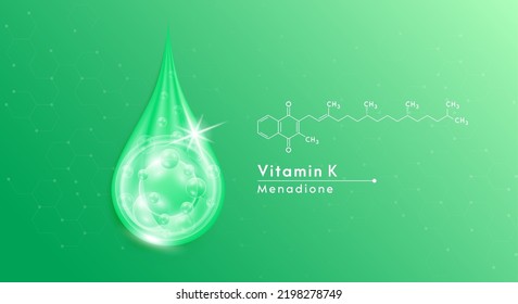 Serum drop water vitamin K green and structure. Vitamins complex with collagen oxygen bubbles. Banner design template skin care cosmetics solution. Beauty medical concepts. 3D Realistic Vector EPS10.