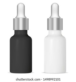 Serum dropper bottle. Black, white cosmetic vial. Eyedropper medicine treatment mock up. Natural essential oil plastic container. Silver cap pot with pipette for collagen liquid