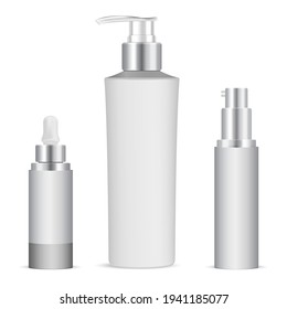 Serum dropper bottle. Eye skin care essence packaging. Cosmetic bottle with dispenser cap for beauty gel. Lotion flask with batcher , beauty jar sample. Essential oil vial mockup, moisturizer