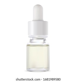 Serum dropper bottle. Glass vial 3d mockup for collagen. Clear flask design for natural aromatherapy cosmetic oil. Essential aging liquid flacon
