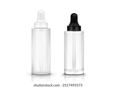 Serum dropper bottle mockup. Glass drop pipette with container isolated 3d vector. Clear medical flask mock up. Plastic blank tube for essence or eye medicine product illustration. Collagen flacon