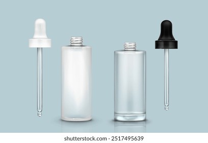 Maqueta de botella de gotero de suero. Pipeta de cristal de la gota con el Vector aislado 3d del envase. Maqueta de frasco médico transparente. Tubo en blanco plástico para la esencia o la ilustración del producto de la medicina del ojo. Flacón de colágeno