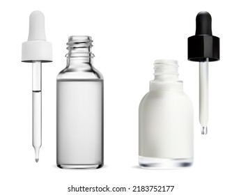 Tropfflasche aus dem Serum mit Pipette, isolierter Kosmetikkolben. Essenzielle Öl-Durchstechflasche, realistischer Luxus-Augentropfflakon mit Pipette für die Alterung. Beauty Kollagen Produktcontainer