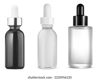 Mockup vectorial de la botella de cuentagotas séricas. Contenedor de vidrio de aceite cosmético. Plantilla de paquete médico para cuentagotas, conjunto de esencia de aroma natural. Frasco de producto de colágeno facial. Diseño de botellas de pipeta