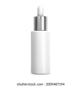 Serum dropper cosmetic bottle, white pipette flask mockup, isolated 3d vector container. Natural essence drop vial, white glass with silver. Face treatment, medicine pack illustration