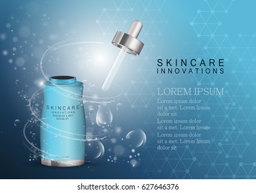 Serum dropper isolated on blue shiny background.Natural anti age oil treatment.For web site,poster template,leaflet,advertisement and marketing solution.Also useful for blog and social network ads