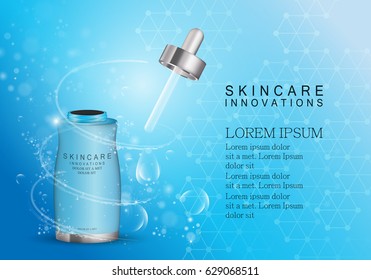 Serum dropper isolated on blue shinny background.Natural anti age oil treatment.For web site,poster template,leaflet,advertisement and marketing solution.Also useful for blog and social network ads