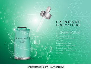 Serum dropper isolated on green shinny background.Natural anti age oil treatment.For web site,poster template,leaflet,advertisement and marketing solution.Also useful for blog and social network ads