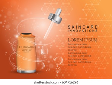 Serum dropper isolated on orange shinny background.Natural anti age oil treatment.For web site,poster template,leaflet,advertisement and marketing solution.Also useful for blog and social network ads