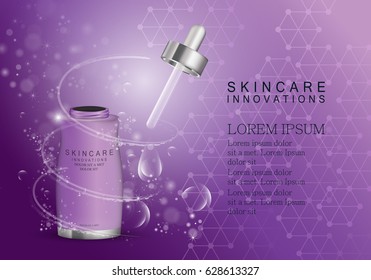 Serum dropper isolated on purple shinny background. Natural anti age oil treatment. For web site,poster template,leaflet,advertisement and marketing solution. Also useful for blog and social network ads