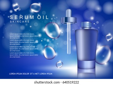 Serum dropper on blue background with bubbles.Natural anti age oil treatment.For web site,poster template,leaflet,advertisement and marketing solution.Also useful for blog and social network ads