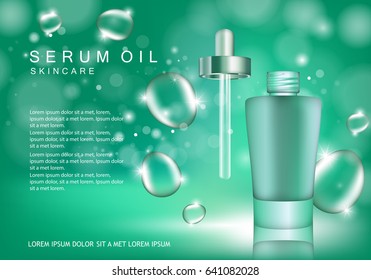 Serum dropper on green background with bubbles.Natural anti age oil treatment.For web site,poster template,leaflet,advertisement and marketing solution.Also useful for blog and social network ads