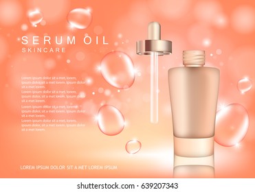 Serum dropper on orange background with bubbles.Natural anti age oil treatment.For web site,poster template,leaflet,advertisement and marketing solution.Also useful for blog and social network ads