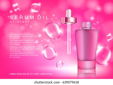 Serum dropper on pink background with bubbles.Natural anti age oil treatment.For web site,poster template,leaflet,advertisement and marketing solution.Also useful for blog and social network ads