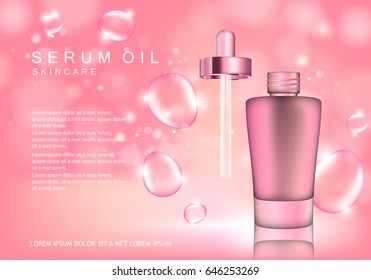 Serum dropper on pink background with bubbles.Natural anti age oil treatment.For web site,poster template,leaflet,advertisement and marketing solution.Also useful for blog and social network ads