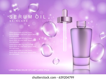 Serum dropper on purple background with bubbles.Natural anti age oil treatment.For web site,poster template,leaflet,advertisement and marketing solution.Also useful for blog and social network ads