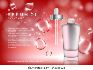 Serum dropper on red background with bubbles.Natural anti age oil treatment.For web site,poster template,leaflet,advertisement and marketing solution.Also useful for blog and social network ads