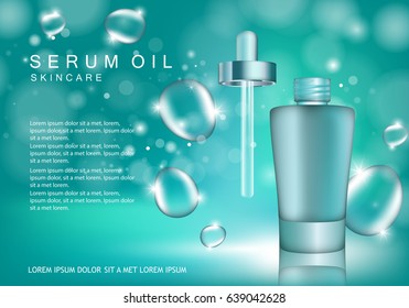 Serum dropper on turquoise background with bubbles.Natural anti age oil treatment.For web site,poster template,leaflet,advertisement and marketing solution.Also useful for blog and social network ads