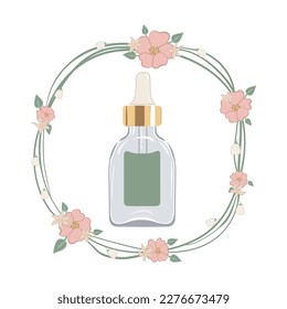 Serum with dropper in transparent glass bottle. Vector illustration in floral wreath