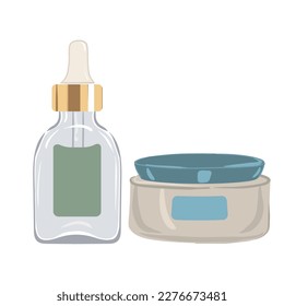 Serum with dropper in transparent glass bottle and Moisturizing cream in luxury jar. Vector illustration