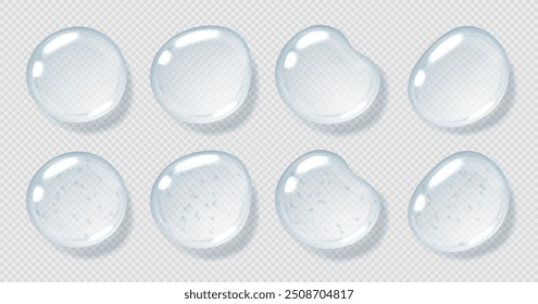 Gotas de suero, gotas de gel transparente, líquido brillante realista, producto cosmético hidratante, concepto de ácido hialurónico. Ilustración vectorial.