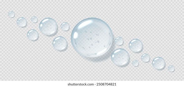 Gotas de suero, gotas de gel transparente, líquido brillante realista, producto cosmético hidratante, concepto de ácido hialurónico. Ilustración vectorial.