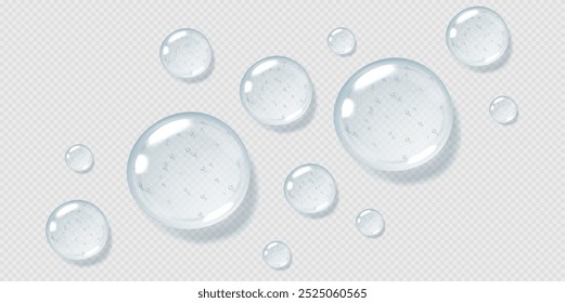 Gotas de soro, gotas de gel claras, líquido brilhante realista, produto cosmético hidratante, conceito de ácido hialurônico. Ilustração vetorial.