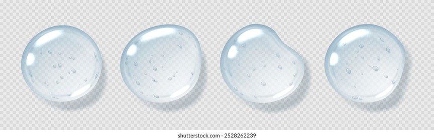 Gotas de suero, gotas de gel transparente, líquido brillante realista, producto cosmético hidratante, concepto de ácido hialurónico. Ilustración vectorial.