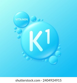 Serum drops water gel blue vitamin K1. For cosmetic design beauty care. Hyaluronic acid and collagen lotion. Vitamins complex liquid oil jelly from nature treatment nutrition skin care. Vector.