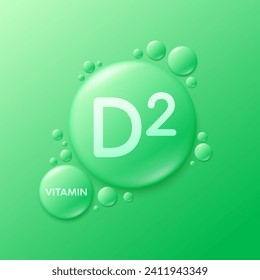 Serum drops water gel green vitamin D2. For cosmetic design beauty care. Hyaluronic acid and collagen lotion. Vitamins complex liquid oil jelly from nature treatment nutrition skin care. Vector.