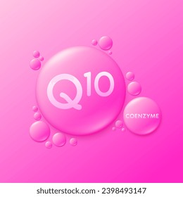 Serum drops water gel pink coenzyme Q10. For cosmetic design beauty care. Hyaluronic acid and collagen lotion. Vitamins complex liquid oil jelly from nature treatment nutrition skin care. Vector.