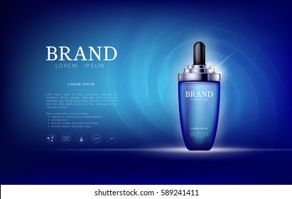 Serum essence aqua, sea with dropper in bottle. Skin care collagen hyaluronic moisture formula treatment with honeycomb design elements. Anti age drops DNA helix protection and lifting solution