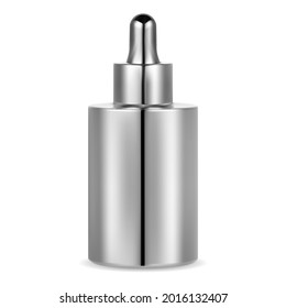 Serum essence bottle. Cosmetic dropper vial, face collagen. Essential oil bottle mockup. Facial care treatment product, silver metal flask