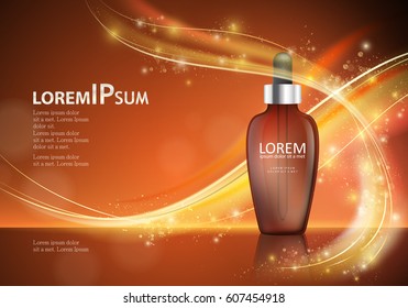 Serum essence with dropper on shiny and wavy backdrop.Hyaluronic moisture formula, protection and lifting.Anti age dna helix.For web site,poster template,leaflet,advertisement and marketing solution