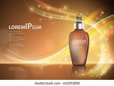 Serum essence with dropper on shiny and wavy backdrop.Hyaluronic moisture formula, protection and lifting.Anti age dna helix.For web site,poster template,leaflet,advertisement and marketing solution