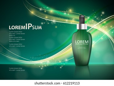 Serum essence with dropper on shiny and wavy green backdrop.Hyaluronic moisture formula, protection and lifting.Anti age dna helix.For web site,poster template,leaflet,advertisement and marketing