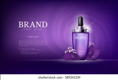 Serum essence flower with dropper in bottle. Skin care collagen hyaluronic moisture formula treatment with honeycomb design elements. Anti age drops DNA helix protection and lifting solution