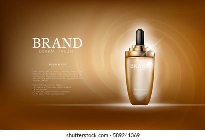 Serum essence golden with dropper in bottle. Skin care collagen hyaluronic moisture formula treatment with honeycomb design elements. Anti age drops DNA helix protection and lifting solution