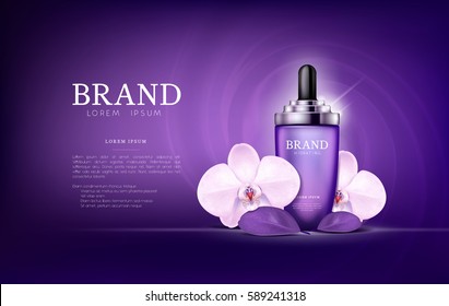 Serum essence orchid flower with dropper in bottle. Skin care collagen hyaluronic moisture formula treatment with honeycomb design elements. Anti age drops DNA helix protection and lifting solution