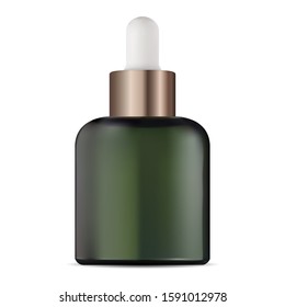 Serum eye dropper bottle. Cosmetic green glass packaging mockup isolated on white. Natural aging treatment vial blank vith gold eyedropper. Perfume aroma oil flask. Medical pot template