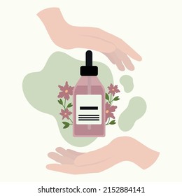 Serum With Flowers In Hands. Cosmetic Serum Bottle. Isolated Illustration Of Cosmetic.