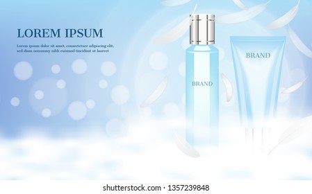 Serum and foam with cloud and small feathers on light blue background