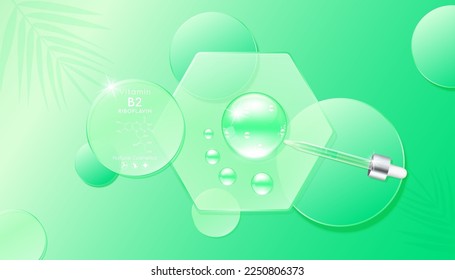 Serum gel drop green on transparent hexagon disk glass. Cosmetic product swatch vitamin B2 structure on display podium. Light textured moisturizing face serum clear skincare liquid. Top view 3D Vector