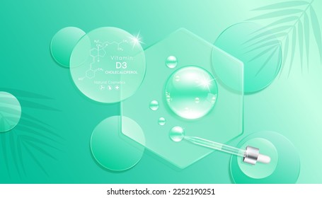 Serumgel tropfen grün auf transparentem Hexagon-Glas. Kosmetische Produkte schauen Vitamin D3 Struktur auf Display-Podium. Leichte, strukturierte Feuchtigkeitscreme ist eine klare Hautpflegeflüssigkeit. 3D-Vektorgrafik mit Draufsicht.