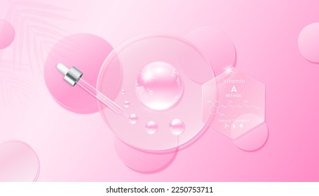 Serum gel drop on transparent circle disk. Cosmetic product swatch vitamin A, structure. Light textured moisturizing face serum clear skincare liquid. Cosmetics display podium ads. Top view 3D Vector.