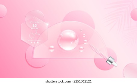 Serum gel drop on transparent semicircle disk glass. Cosmetic product swatch vitamin B3 structure on display podium. Light textured moisturizing face serum clear skincare liquid. Top view 3D Vector.